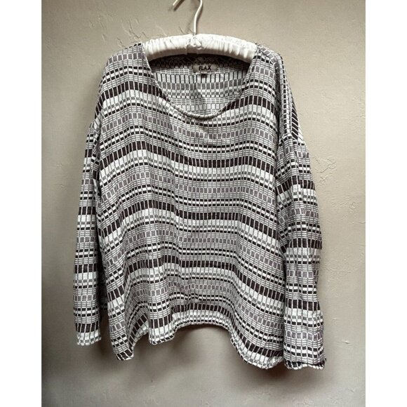Flax Tops - Flax Large Scoop Neck Geometric Print Linen Cotton Oversized Top Long Sleeve